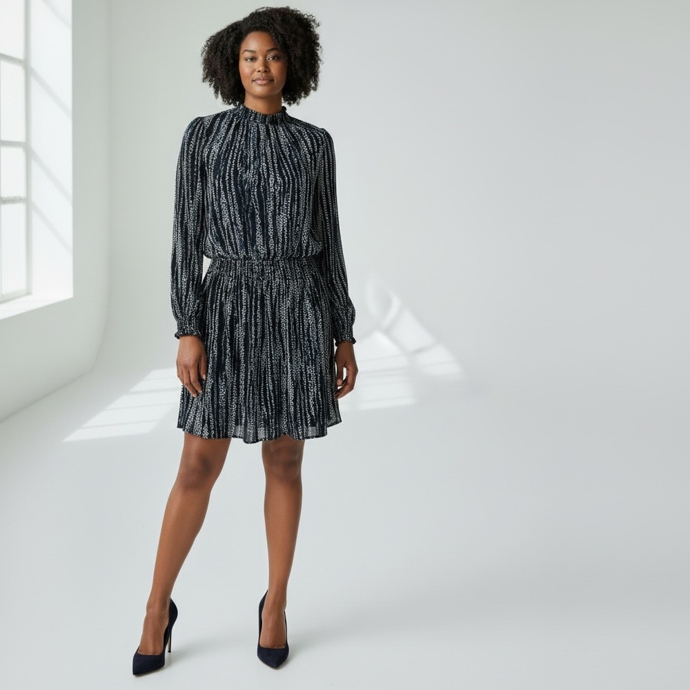 Michael Kors Blue Print Blouson Dress Long Sleeve Large